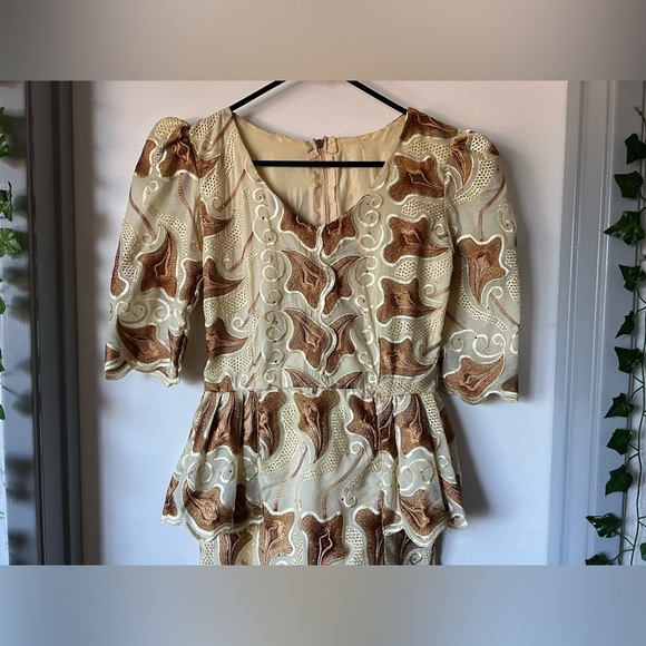 Handmade elegant women’s special occasion peplum gown in brown yellow Size S - Picture 3 of 14